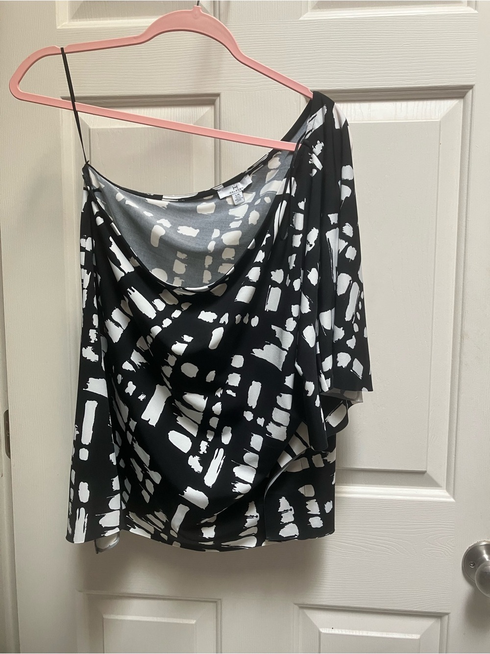 Halston Heritage Black and White One-Shoulder Drape Top